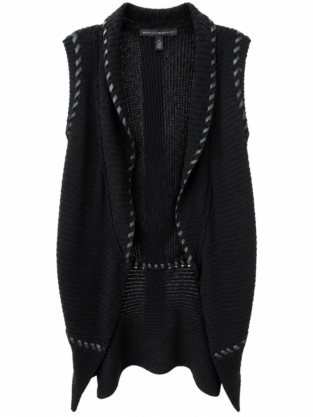 White House Black Market Black Open-Front Knit Vest with Braided Trim